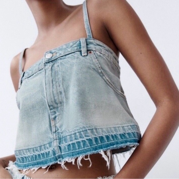 NEW! ZARA Denim Distressed Jeans Crop Top - Picture 2 of 13